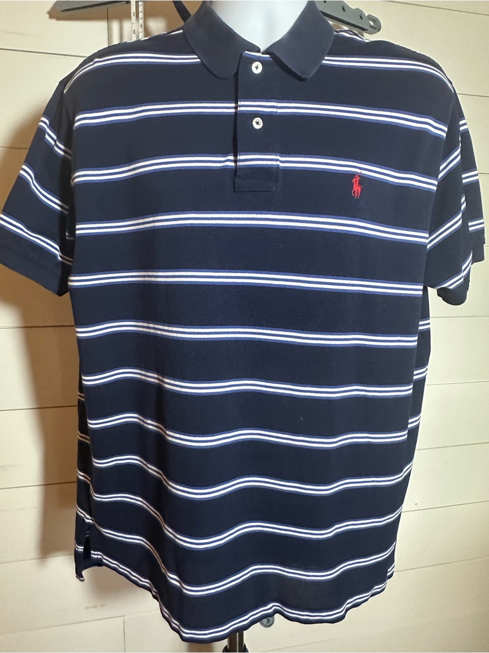 #205 Men's Navy Striped Polo Shirt with Red Logo